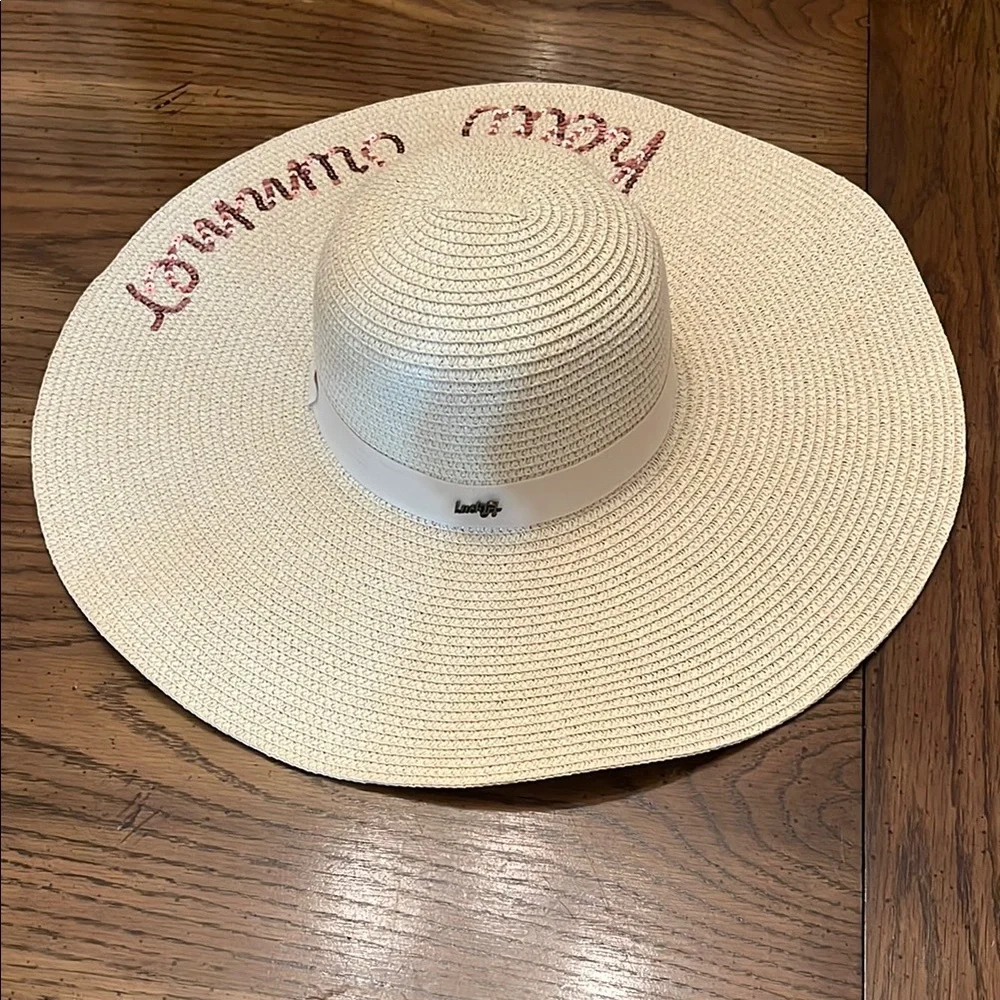 Beige Sun‎ Hat with Pink Sequins HELLO SUMMER